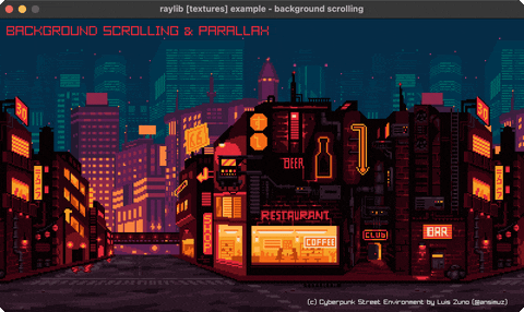 A cyberpunk street scrolling in parallax layers